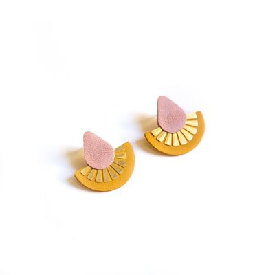 Lotier flower earrings in mustard yellow and pink leather