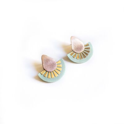 Lotier flower earrings in metallic pink and almond green leather