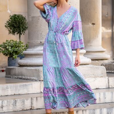 Long dress with floral print, buttoned front and V-neck