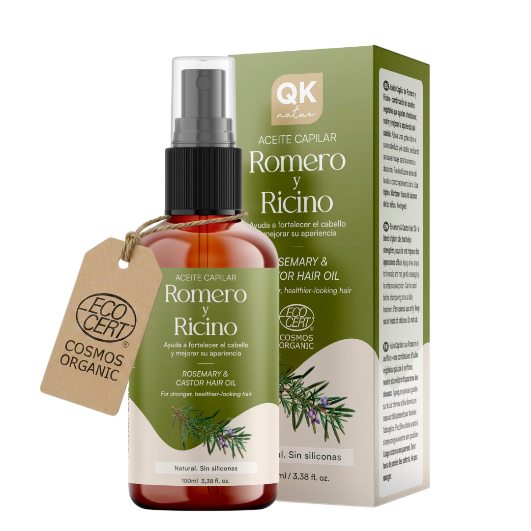 QKnatur Rosemary and Castor Hair Oil 100ml | ECOCERT COSMOS ORGANIC Certified Hair Spray | Nourishes, Strengthens and Adds Shine | For Dry, Damaged and Frizzy Hair