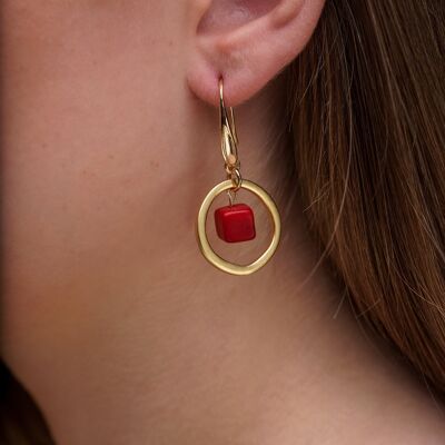 Cubo Brass Hoop Earrings - Red