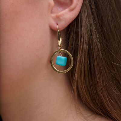 Cubo Brass Hoop Earrings - Bright Blue
