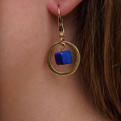 Cubo Brass Hoop Earrings - Cobalt Blue
