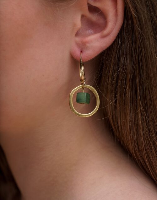 Cubo Brass Hoop Earrings - Green