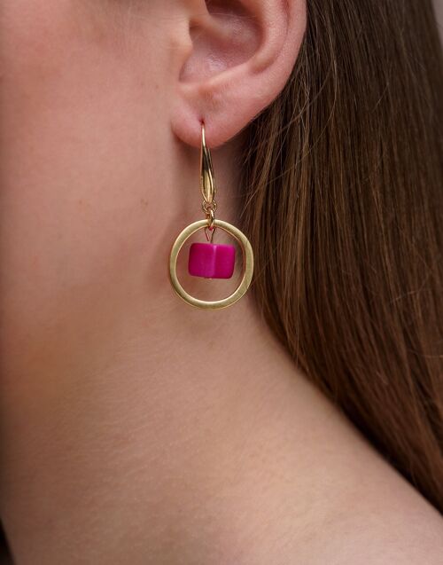 Cubo Brass Hoop Earrings - Pink