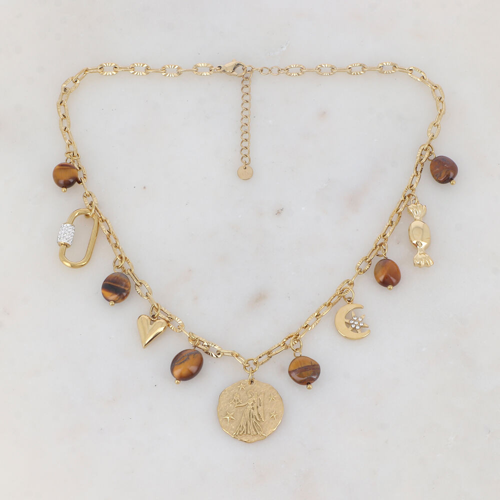 Collier maille avec anneau rectangulaire strassé, cœur, pampille ronde motif vierge, lune, étoile strassée, bonbon et perles en pierre