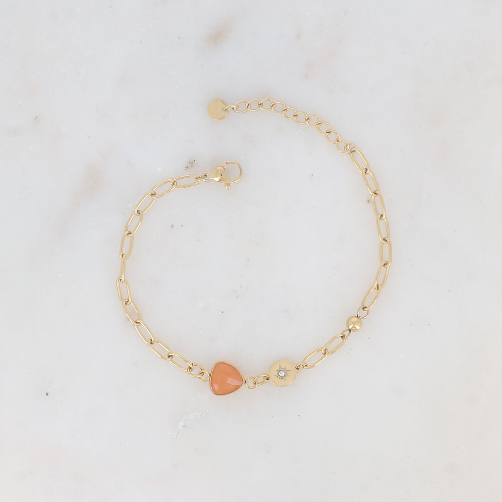 Bracelet en maille avec petite boule, pièce ronde avec étoile strassée et pierre naturelle triangulaire