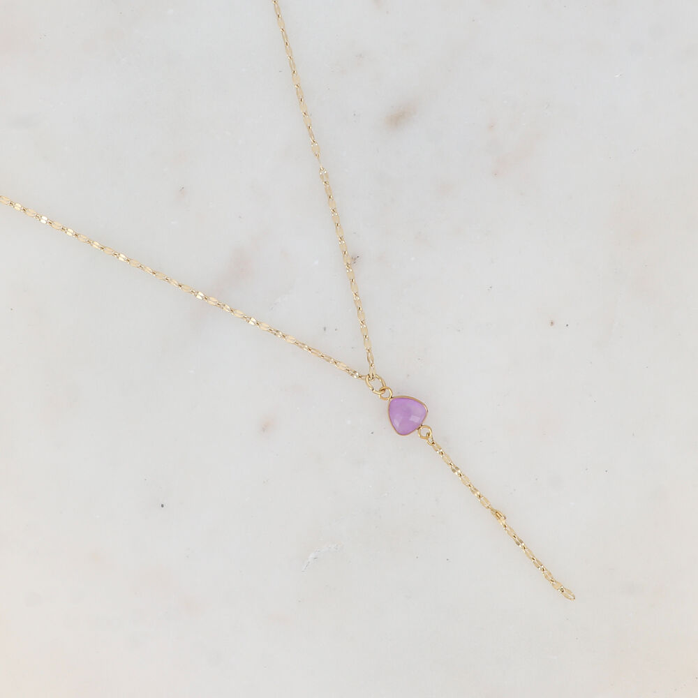 Collier en Y doré avec pierre naturelle triangulaire