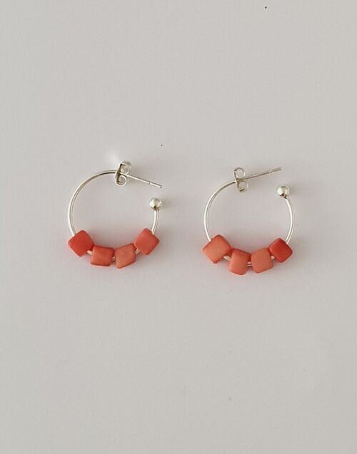 Cubo Mini Silver Hoop Earrings - Coral