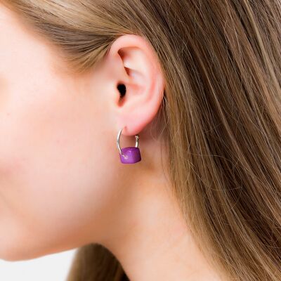 Cubo Maxi Silver Hoop Earrings - Purple