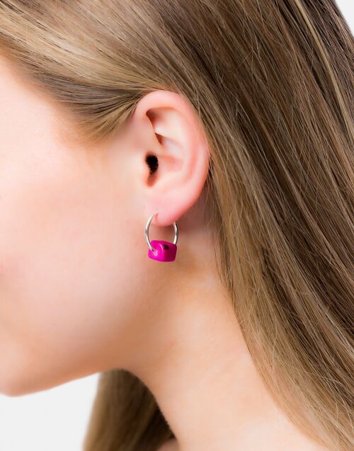 Cubo Maxi Silver Hoop Earrings - Pink