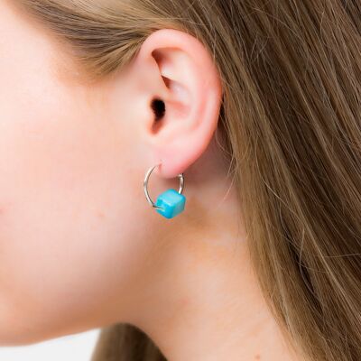 Cubo Maxi Silver Hoop Earrings - Bright Blue