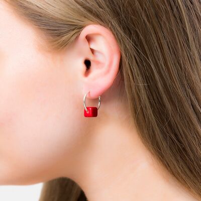 Cubo Maxi Silver Hoop Earrings - Red