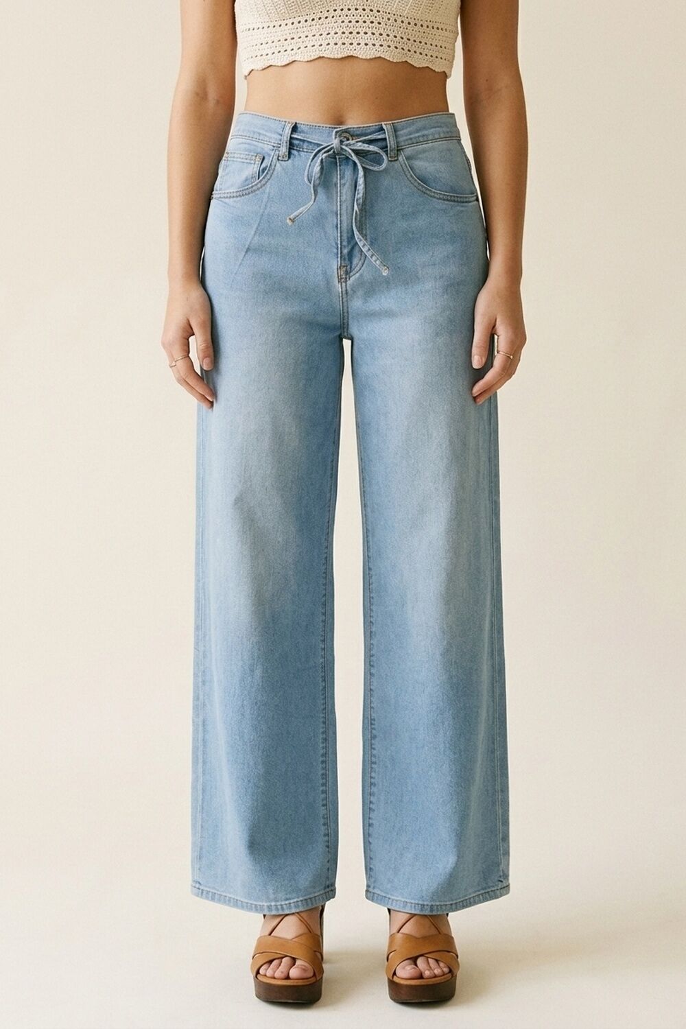 Light Blue Wide-Leg Denim Pants with Drawstring Waist