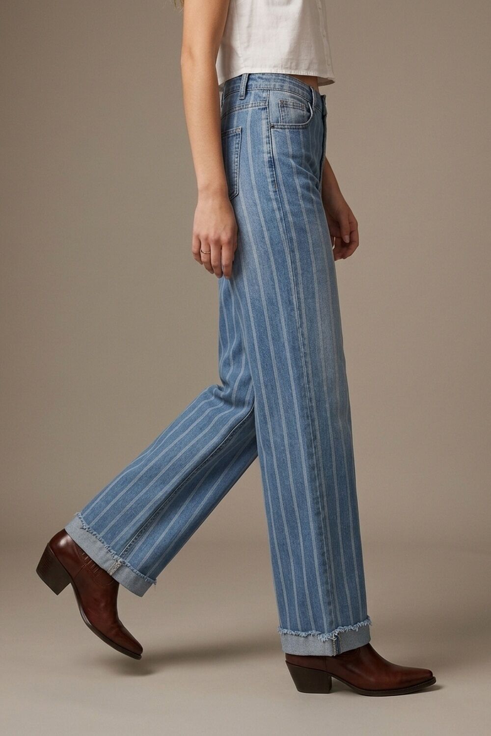 medium wash Blue Jeans with Stripe Design and Frayed Wide Leg