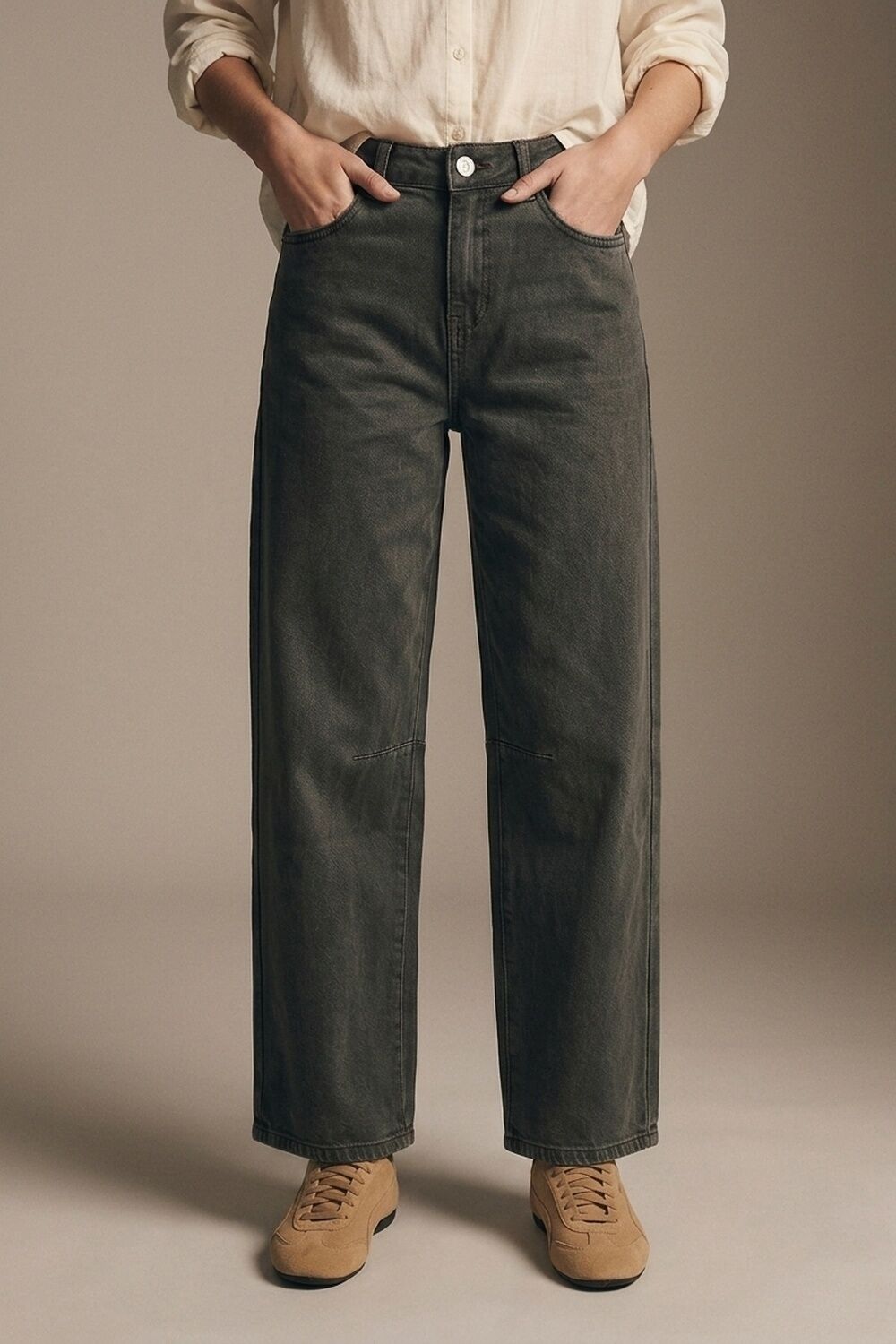 khaki Vintage Wash Denim Wide Leg Jeans with seam at the knee