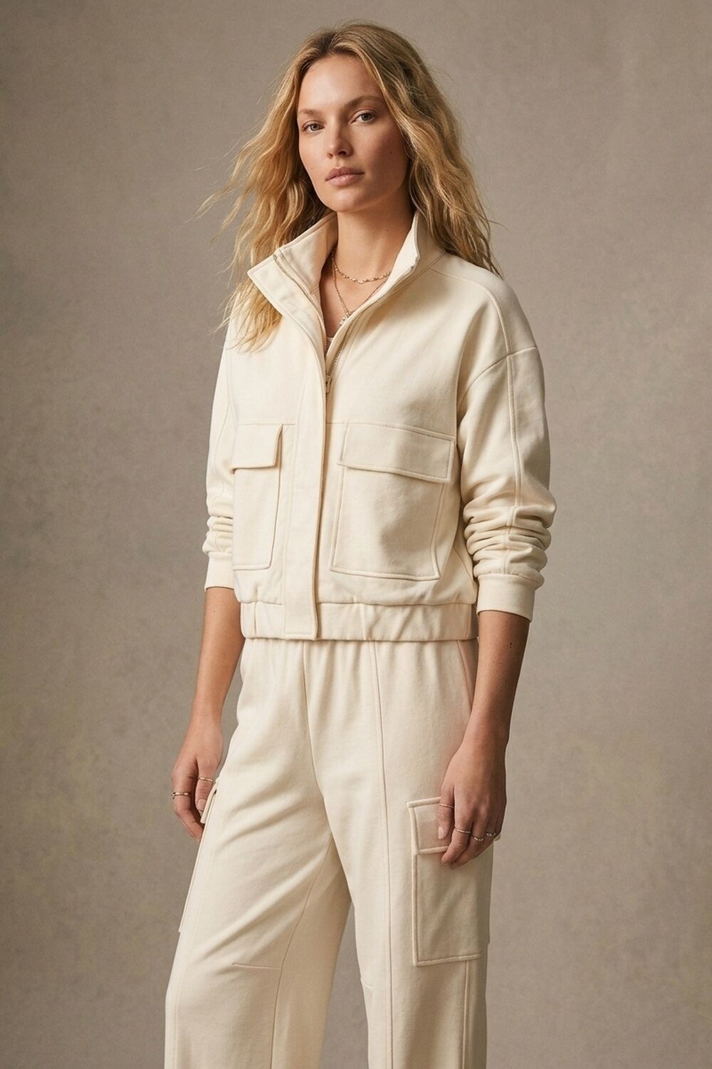 Cream viscose High Collar Pocket Front Relaxed Fit Bomber Jacket
