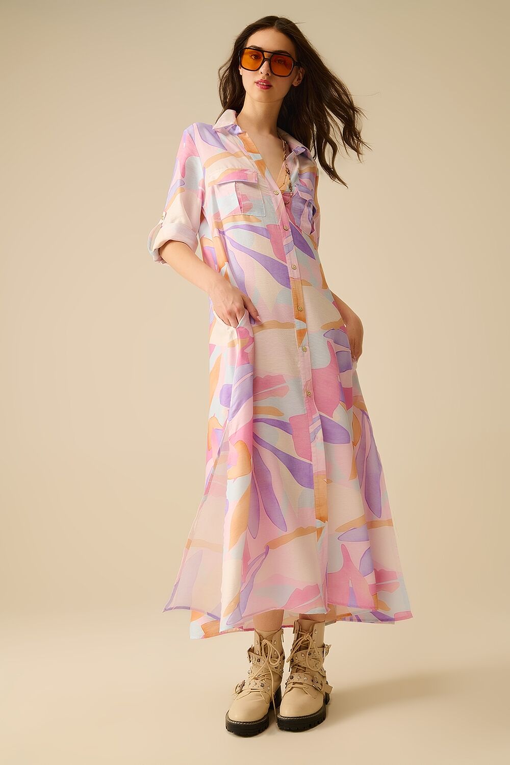 Pastel Floral Watercolor Print Long Shirt Dress