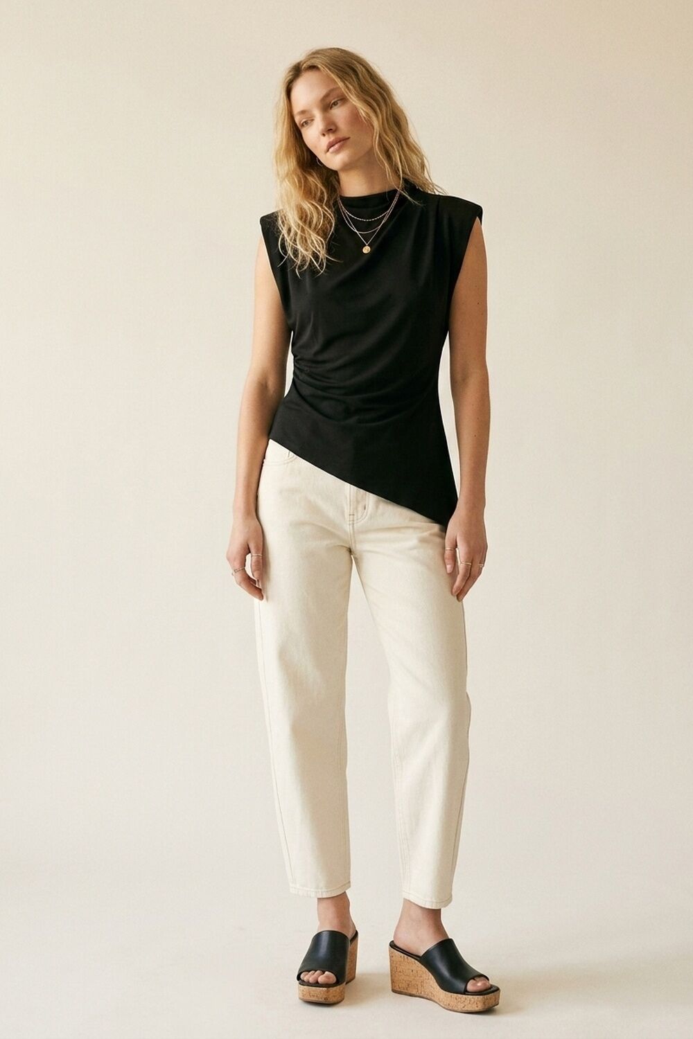 Black Lightweight Woven Asymmetric Hem Cowl Neck Sleeveless Top