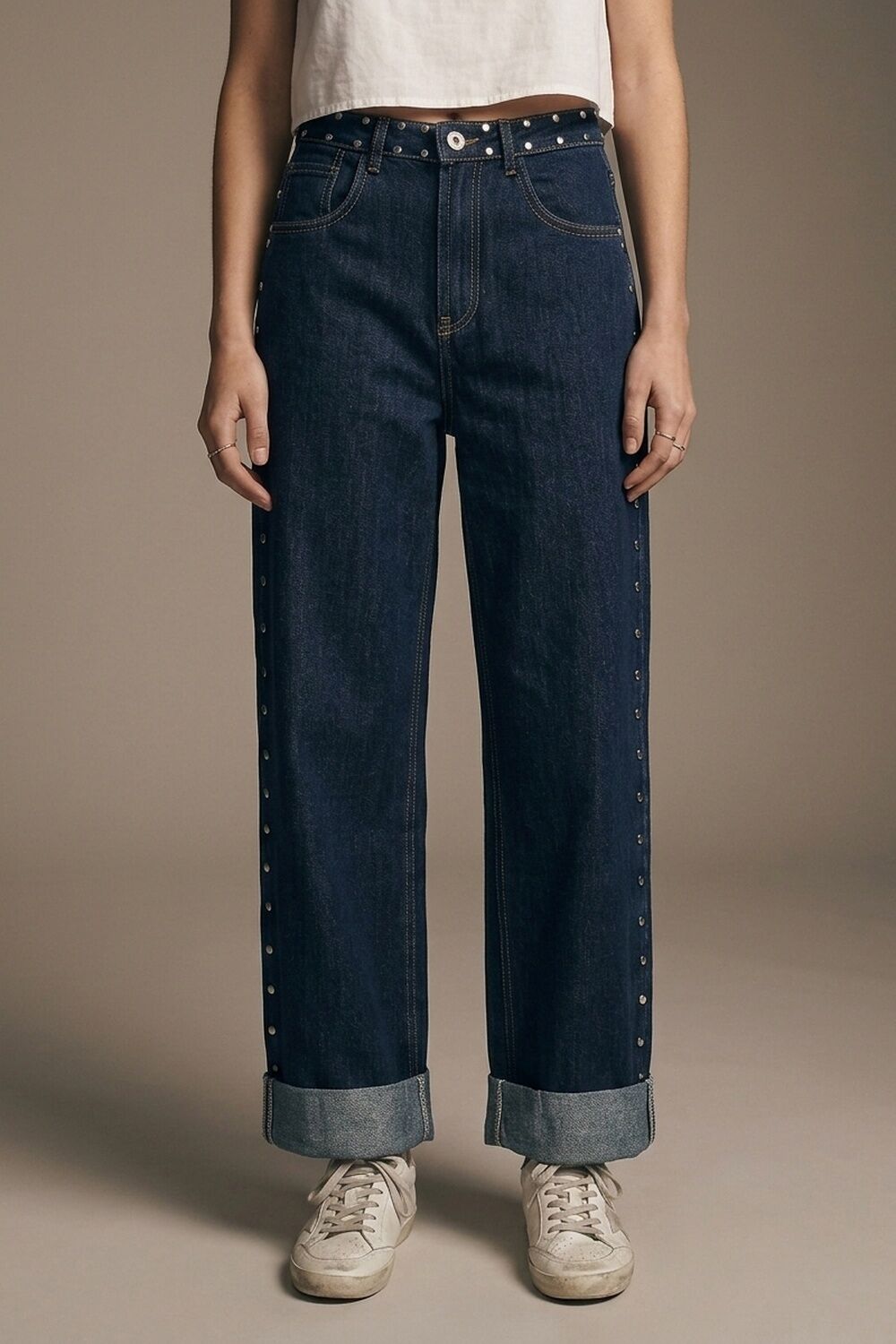 Dark Blue Wide Leg Studded Denim Jeans