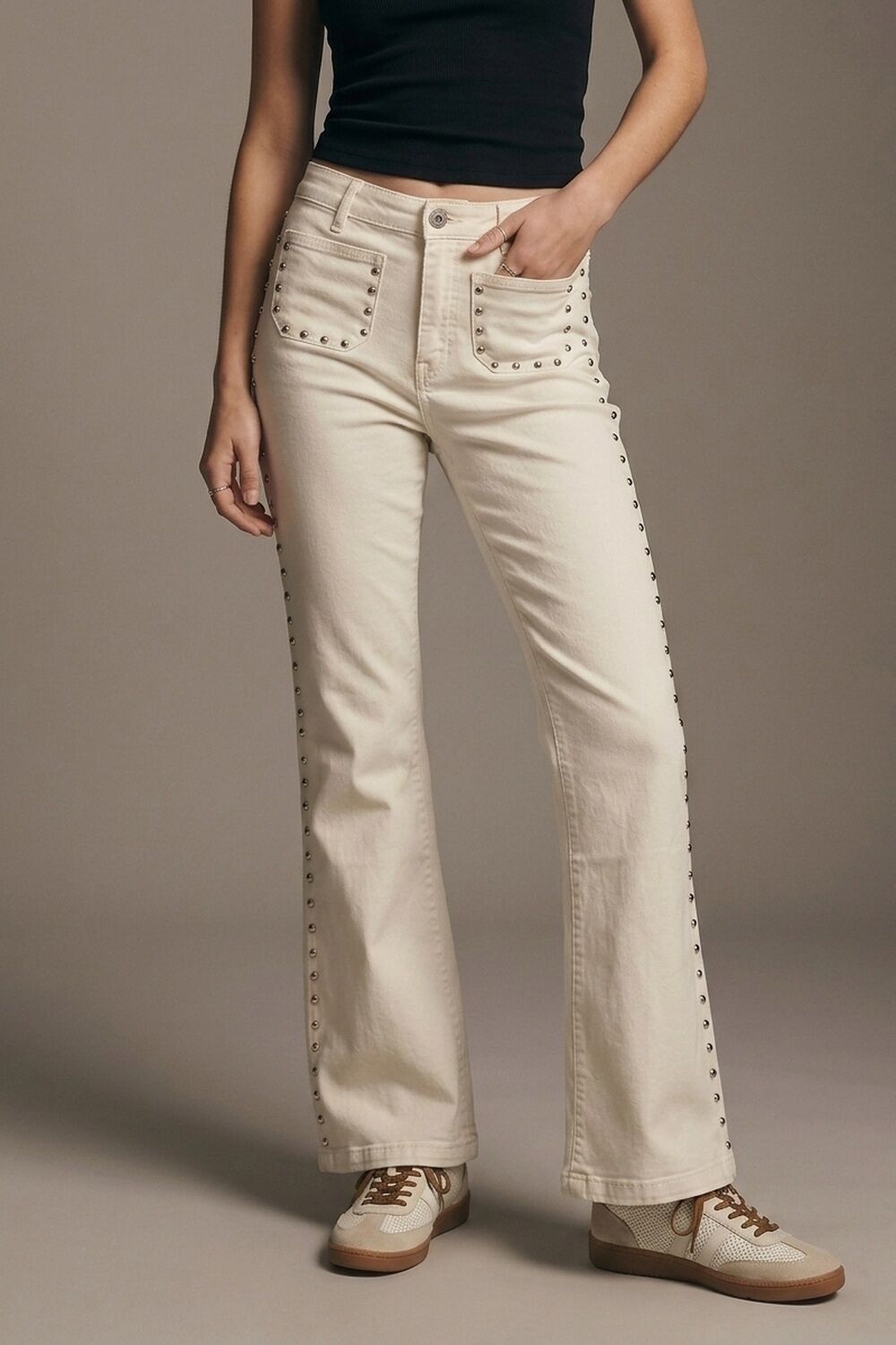 Cream Flared Jeans with Studded Trim Detail