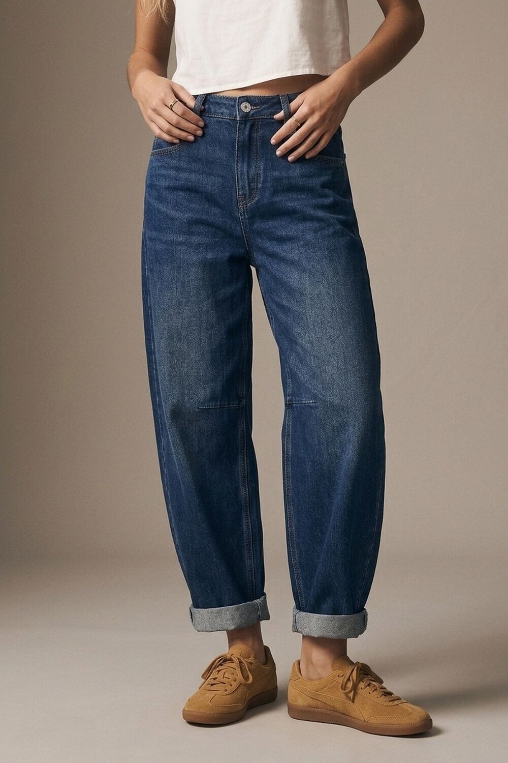Blue Dark Wash Turn-Up leg Jeans with wide barrel leg style
