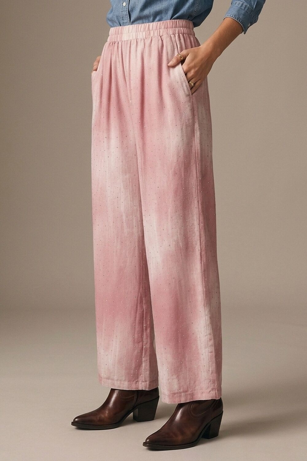 Pink Tie-Dye Wide-Leg Pants with elastic waist and embellished strass