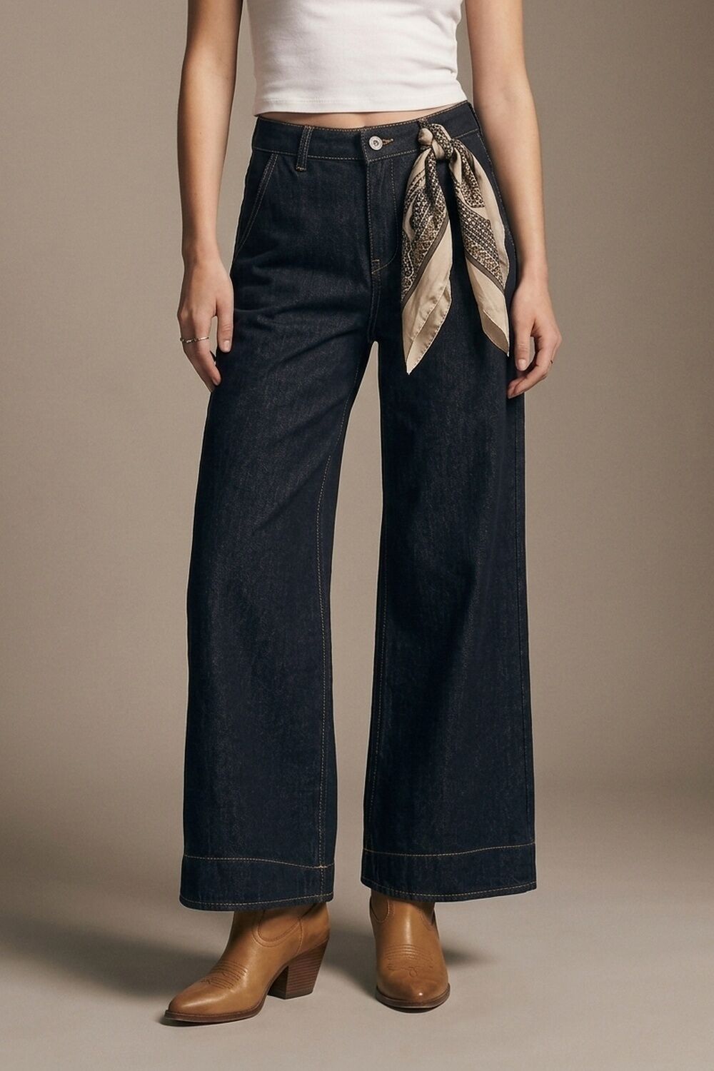 Dark Denim Wide-Leg Jeans with Contrast Stitching