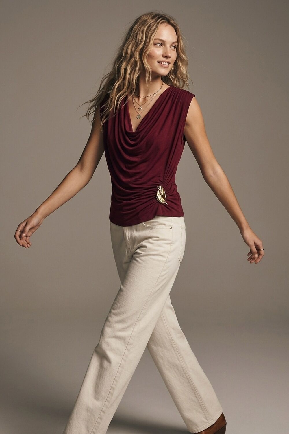 Burgundy Lightweight viscose top with Gold Accent and Draped Sleeveless