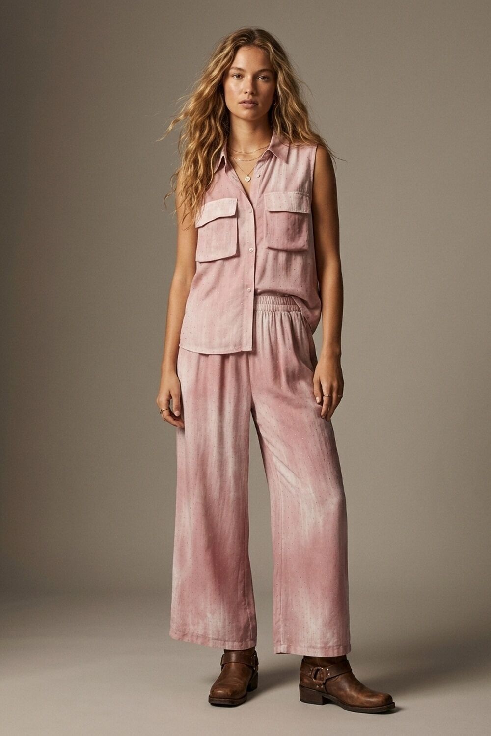 Pink Tie-Dye Sleeveless Shirt with embellished Rhinestone