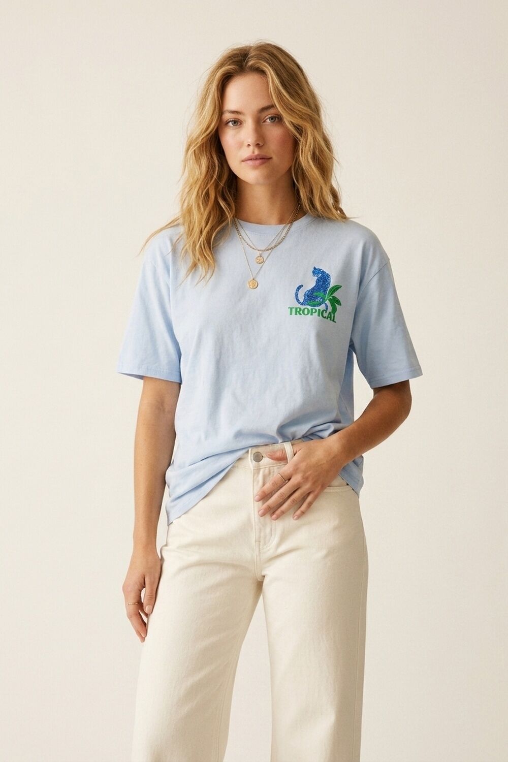 Blue t-shirt made in Italy with tropical graphic print