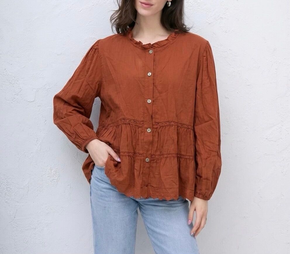 Bohemian flared shirt with long sleeves, round ruffled neck, inset lace bands and embroidered scalloped trim