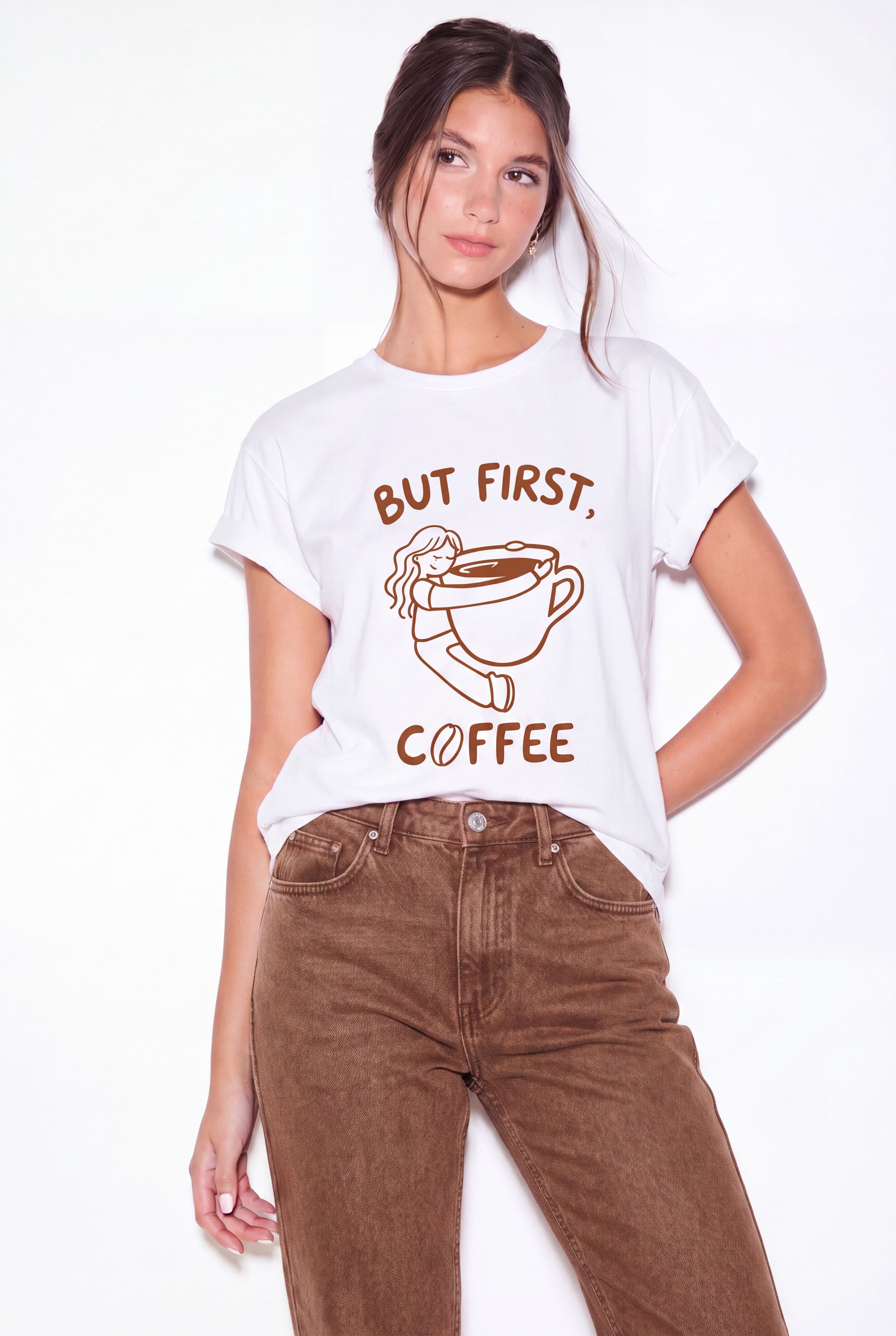COFFEE - T-shirt Blanc "But First, " - 100% Coton