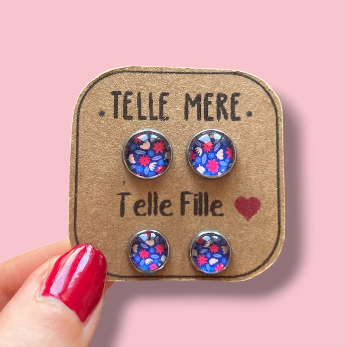 Puces d'Oreilles assorties Mère Fille fleurs bleues et rouges