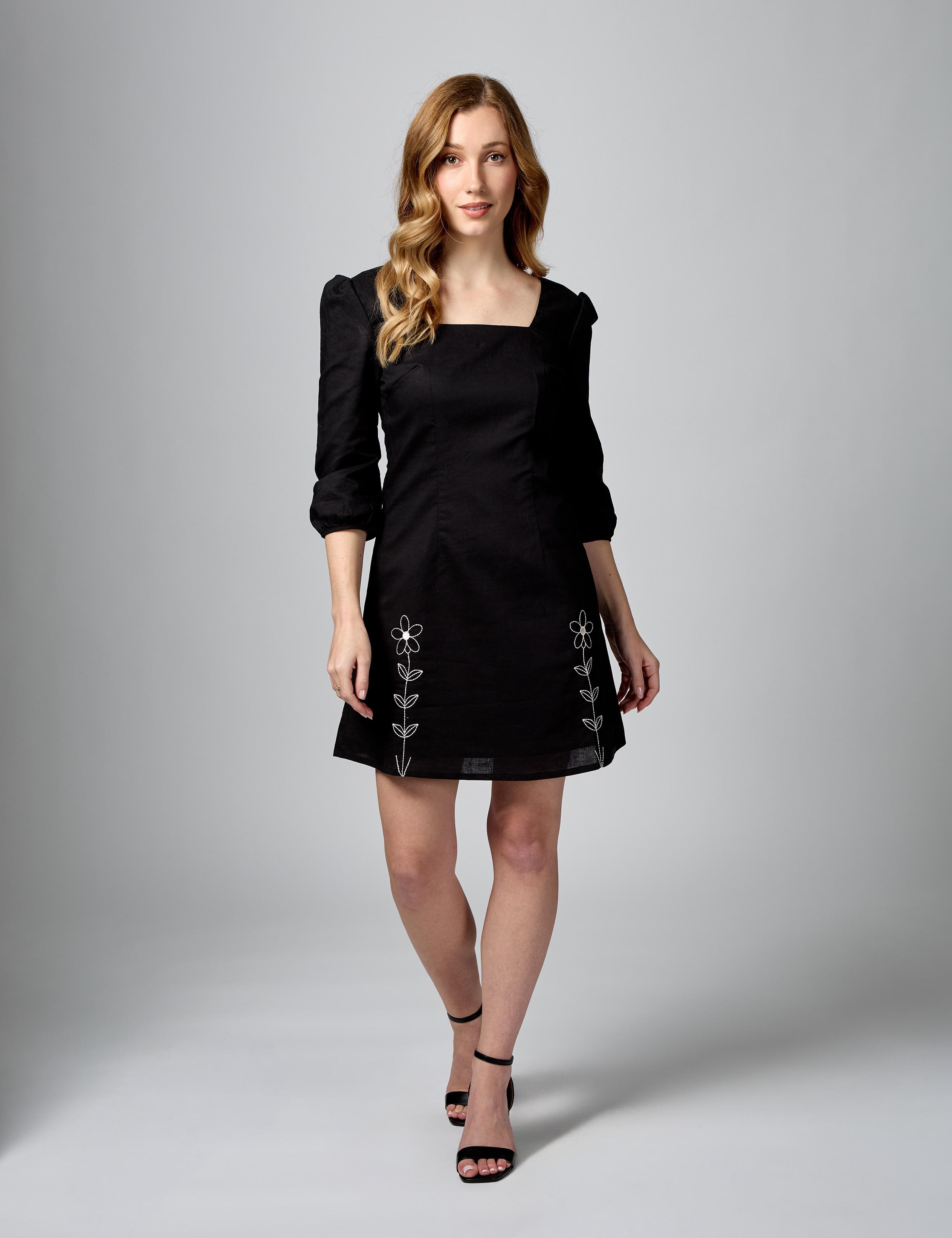 Robe d'été en lin et coton à manches 3/4 | Noire | Entièrement doublée | Luxe naturel