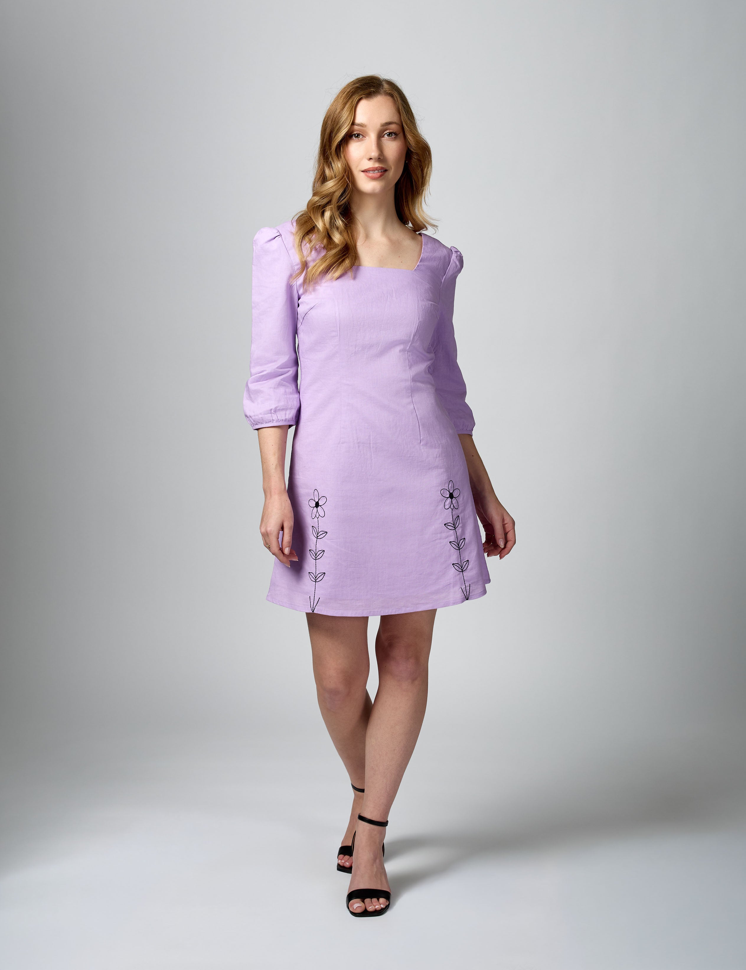 3/4 Sleeve Linen-Cotton Summer Dress | Lilac | Fully Lined | Natural Luxury