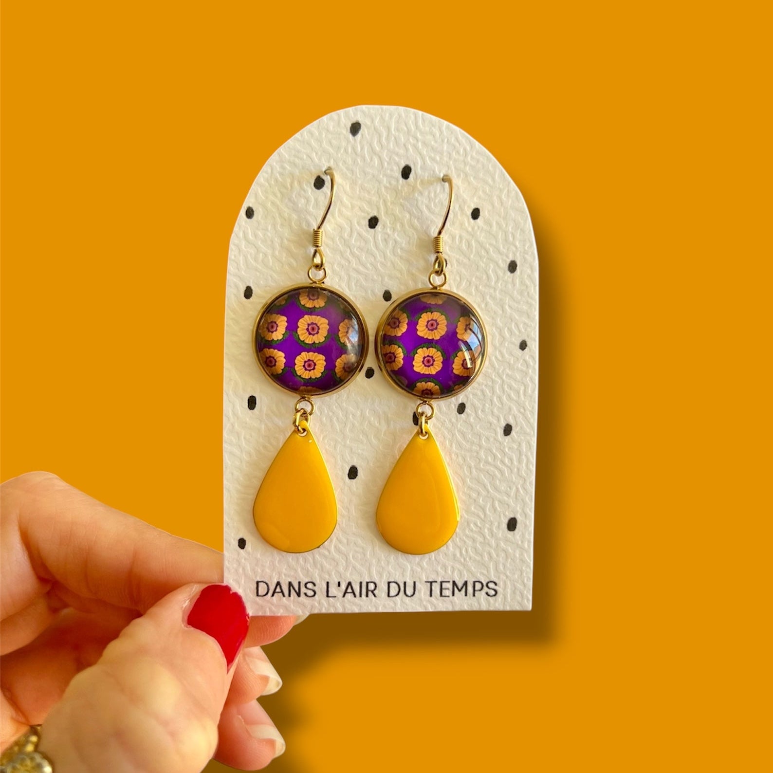 BOUCLES D'OREILLES pendantes Fleurs Violettes et jaunes finition dorée ou argentée