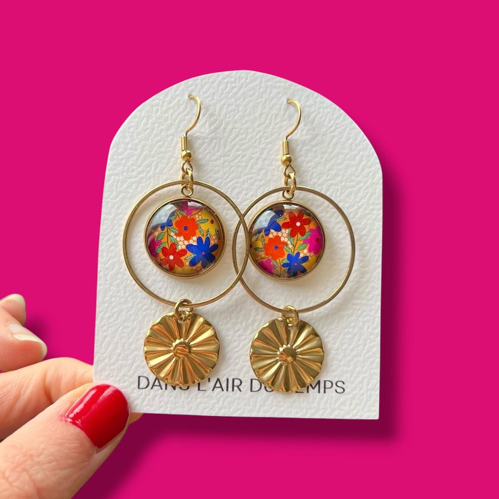 Boucles d'oreilles fleurs jaunes et multicolores