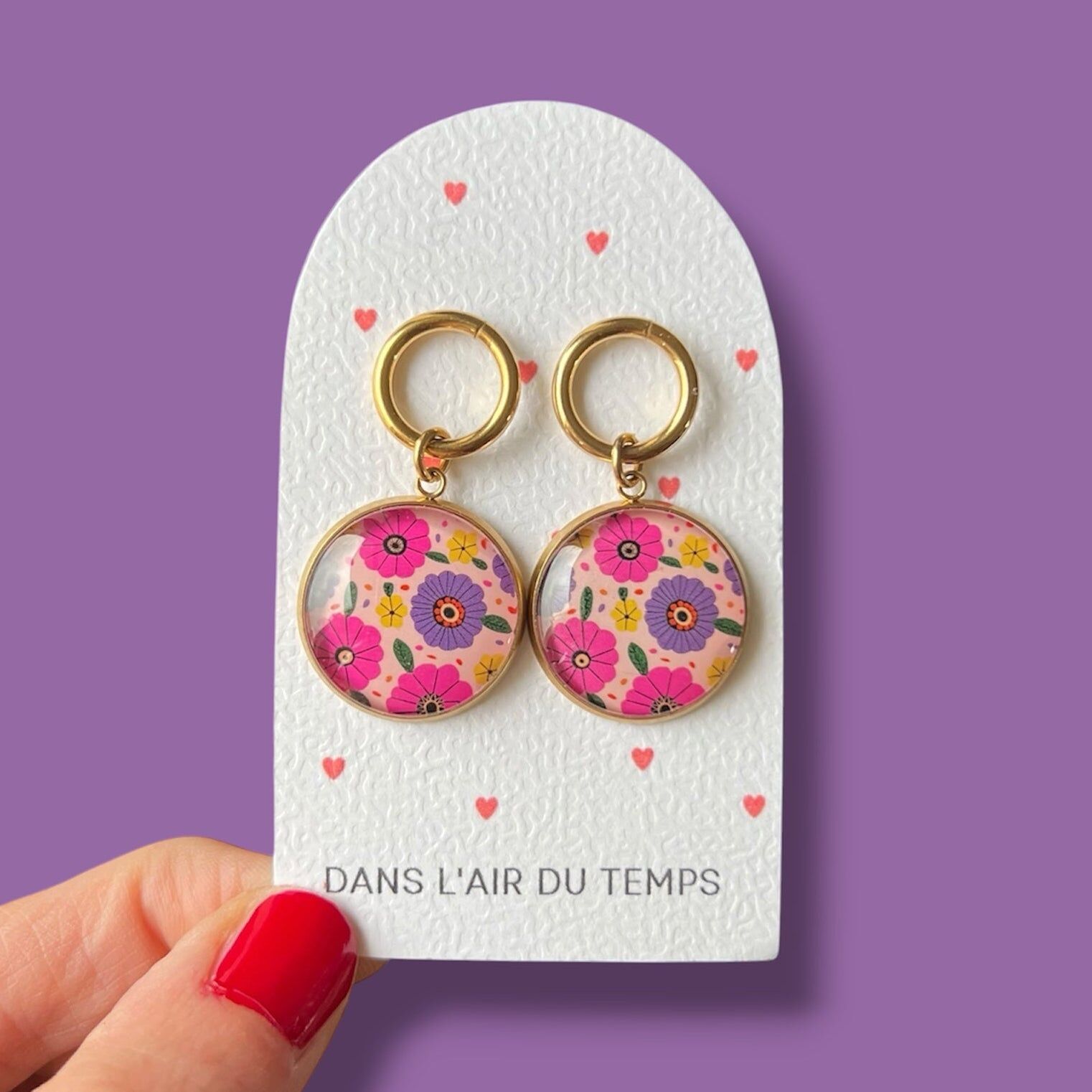 Boucles d'oreilles fleurs violettes et roses finition dorée ou argentée