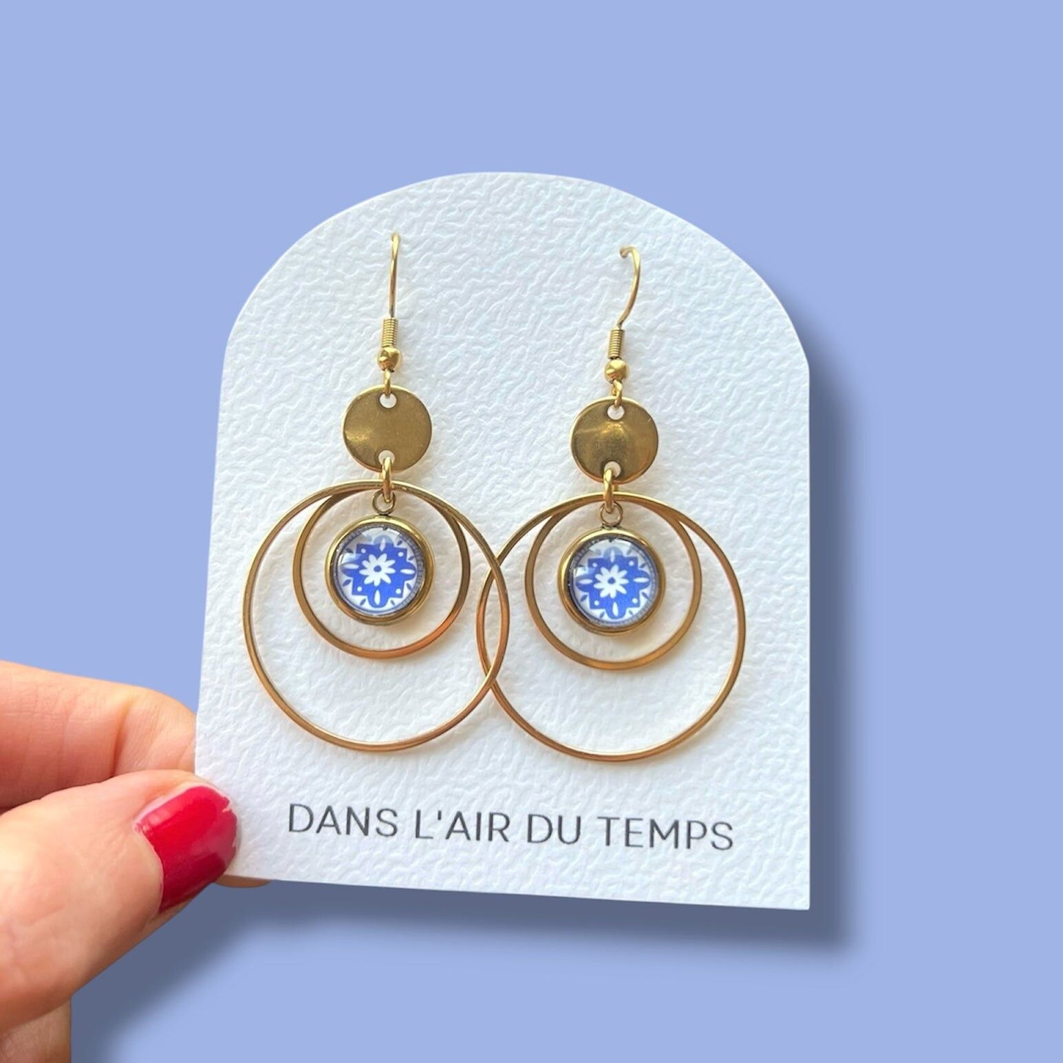 Boucles d'oreilles créoles double anneau mosaïque bleue