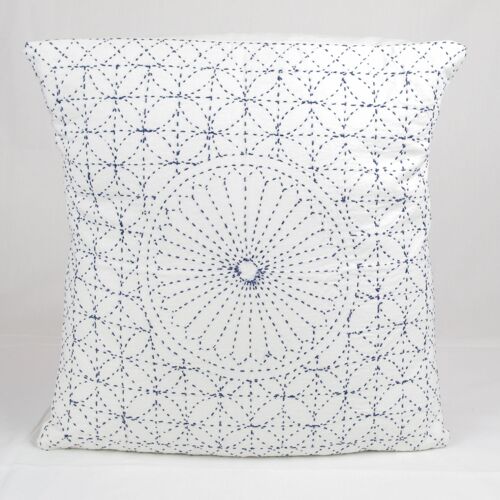 Nakshi Kantha Cotton Cushion Cover - White & Blue