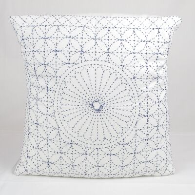 Housse de coussin en coton Nakshi Kantha - Blanc et bleu