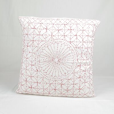 Nakshi Kantha Cotton Cushion Cover - White & Red