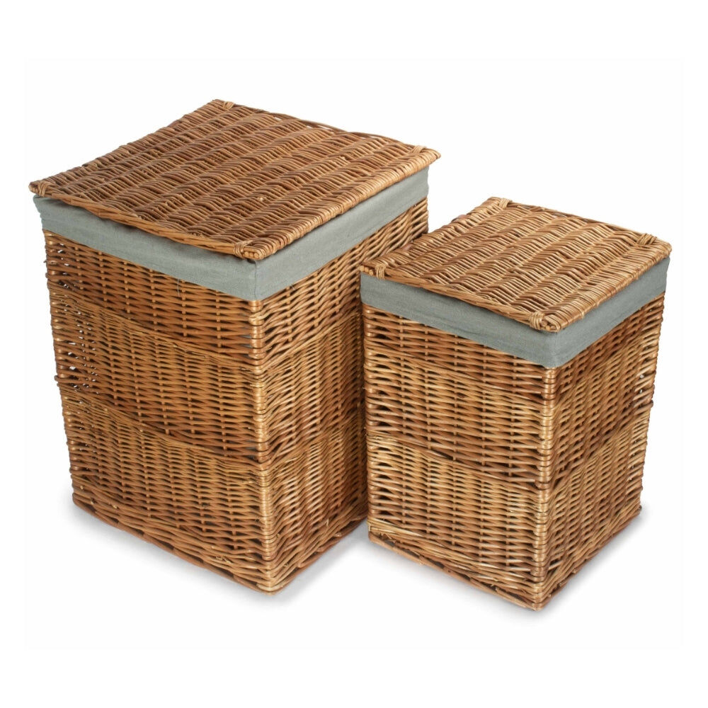 Light Steamed Square Wicker Laundry Basket with Grey Sage Lining