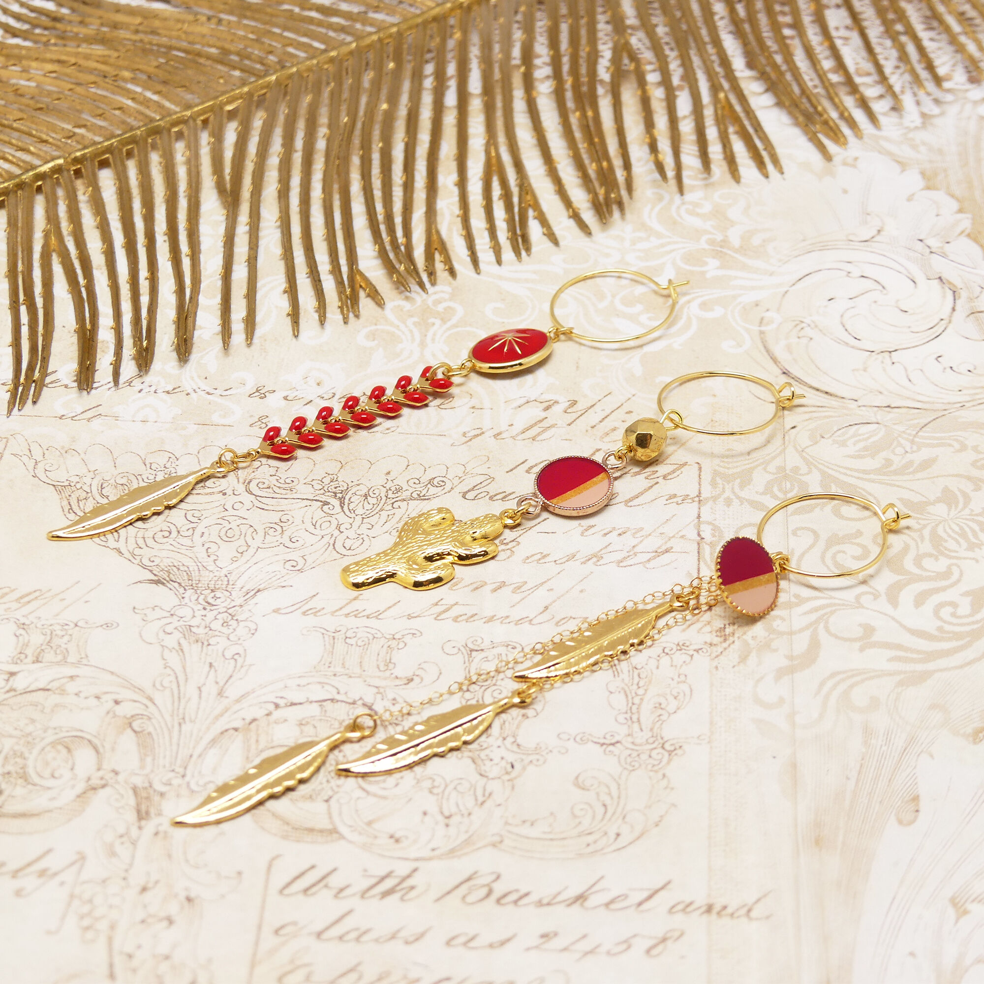 Trio earrings with gold feather, brass, and resin. Mother's Day gift for Mom, Christmas gift for Teacher.