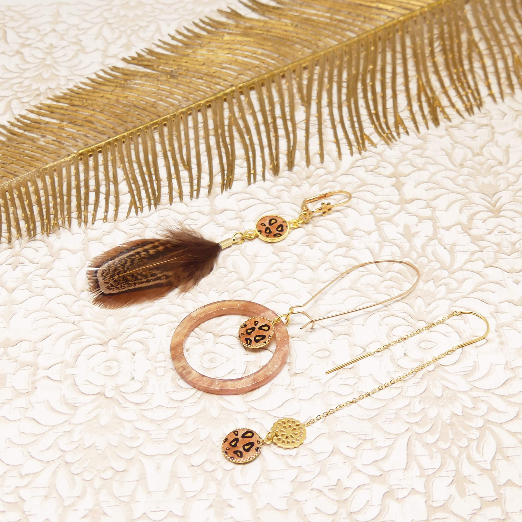 Leopard print tri-ring earrings with feather detail, 24k gold-plated brass jewelry, Mother's Day gift for mom, Christmas gift for teacher