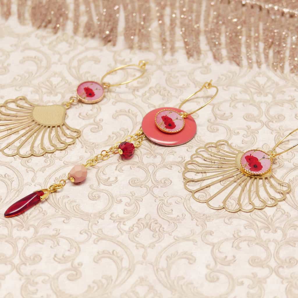 Trio earrings with red, pink, and gold poppy flowers and pearls. 24k gold-plated brass jewelry. Mother's Day gift for mom, Christmas gift for teacher.