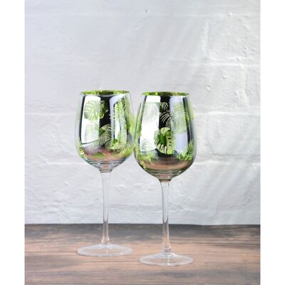 Lot de 2 verres à vin feuilles tropicales