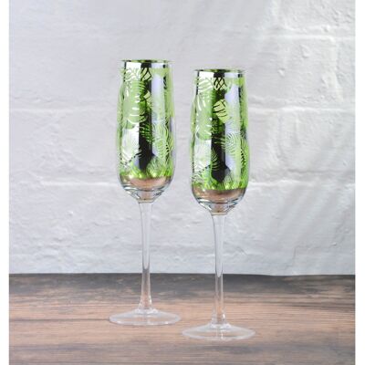 Set of 2 Tropical Leaves Champagne Flutes