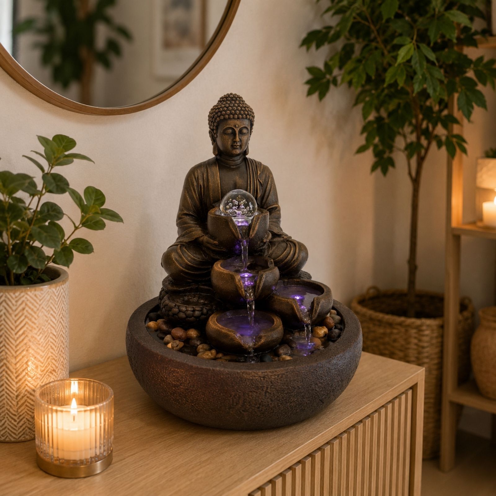 Shanti Buddha Indoor Fountain - 30 cm High with Rotating Glass Ball - Zen Water Fountain with 3 Cascades - Relaxing Decoration for Living Room, Office and Wellness Area